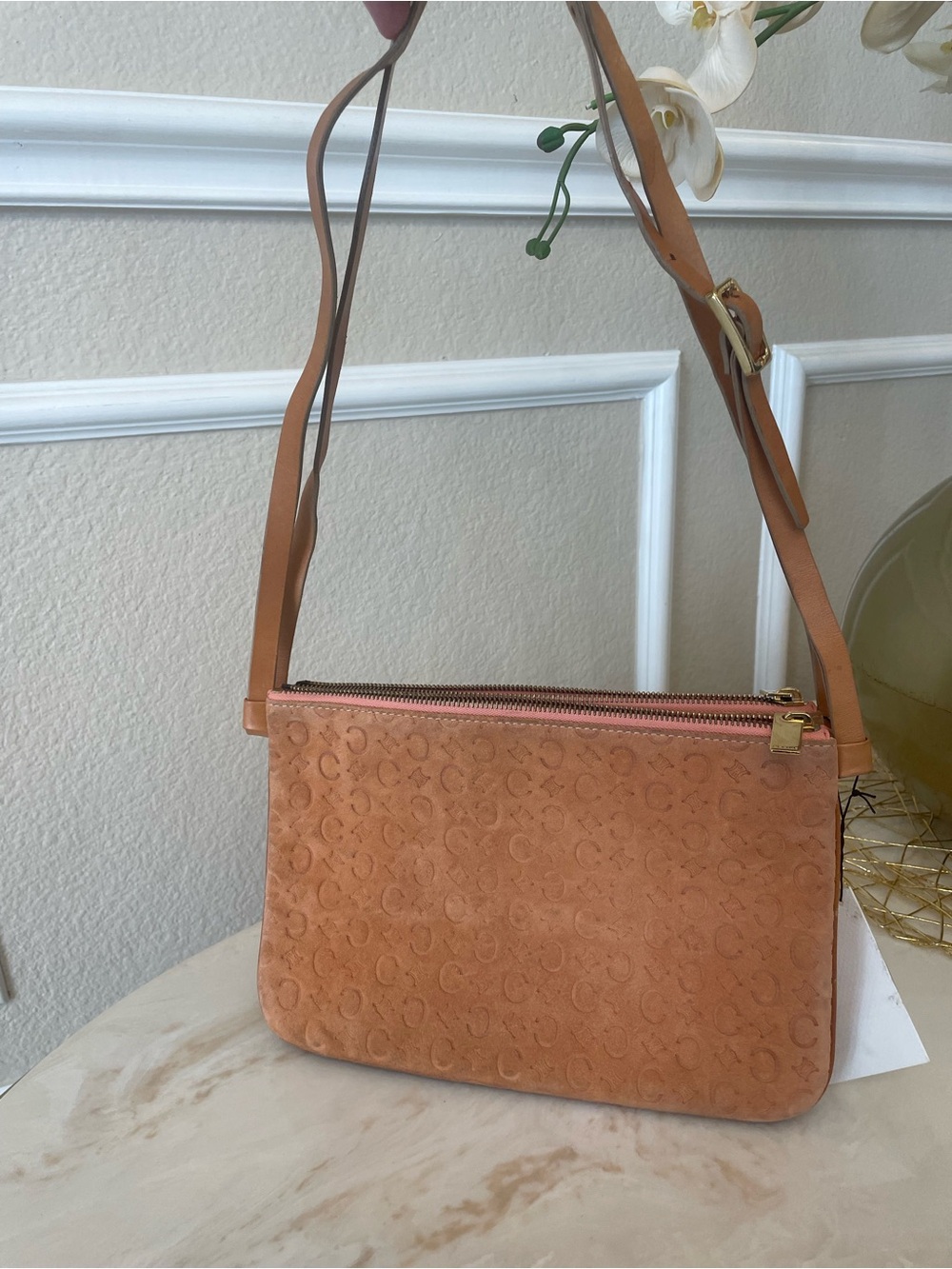 CELINE Macadam Suede double Pouchette shoulder bag REPARIED peach nude